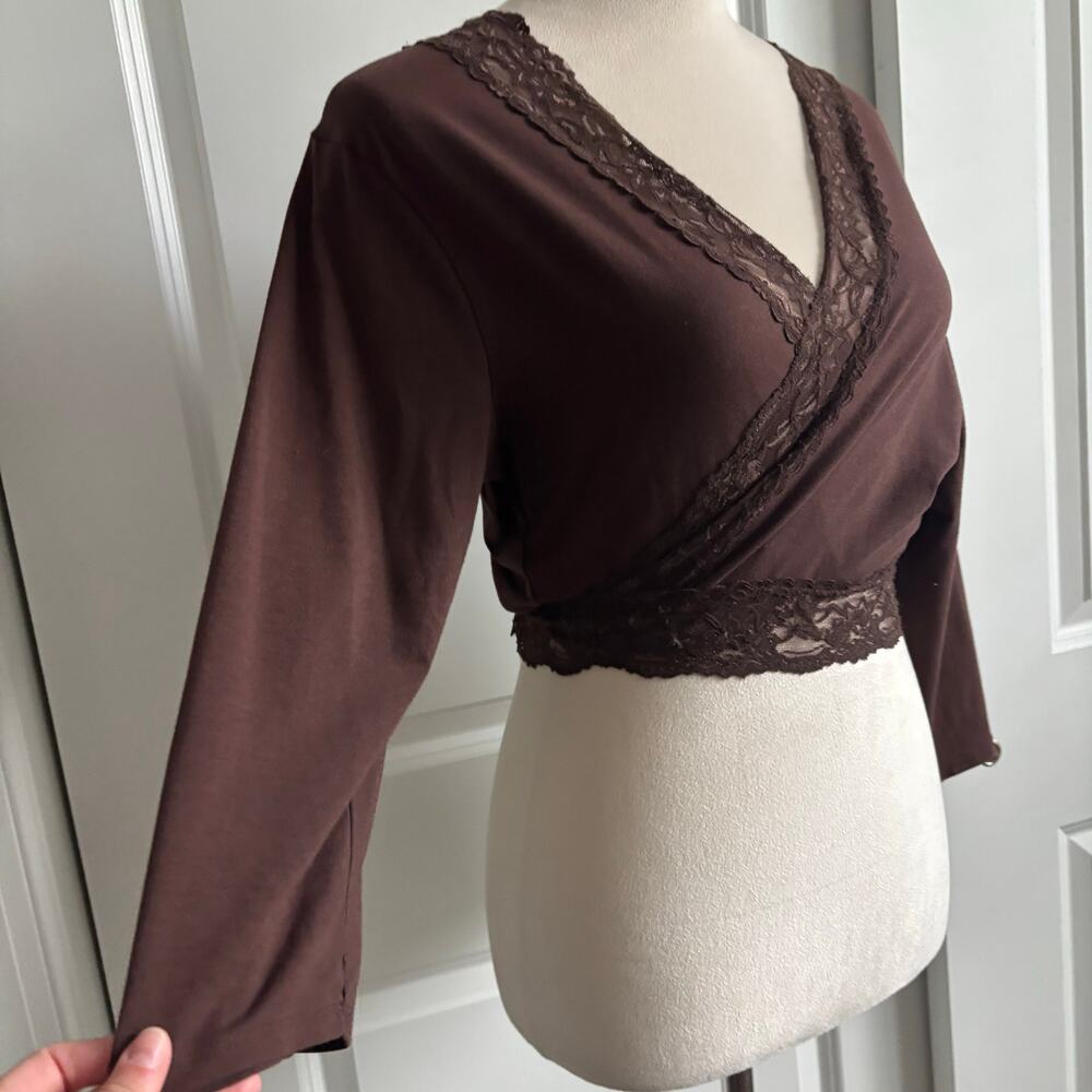 Y2K Brown Wrap Top Lace Balletcore Soft Girl Cropped L Ballerina Jason Maxwell - Picture 4 of 12